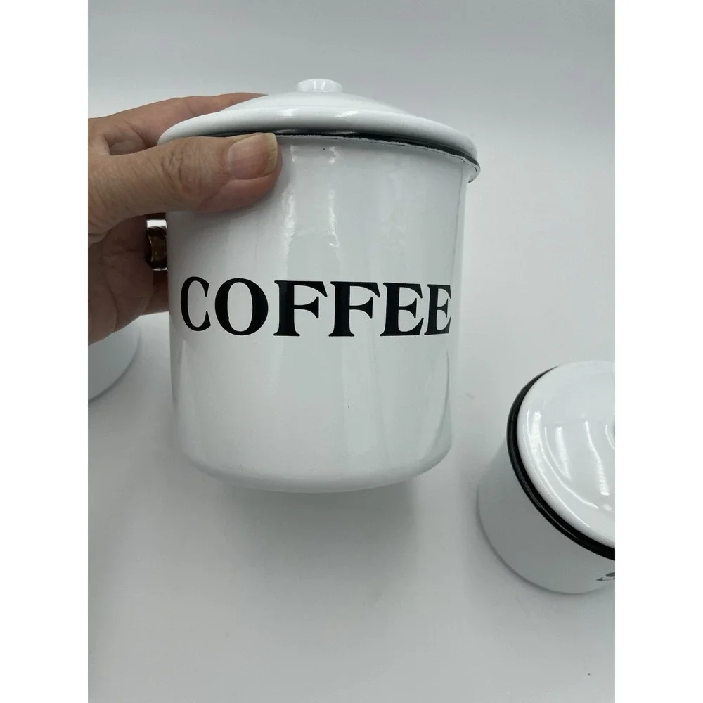 Farmhouse Coffee Tea Sugar White‎ Black Enamelware Canister Set Metal Cottage